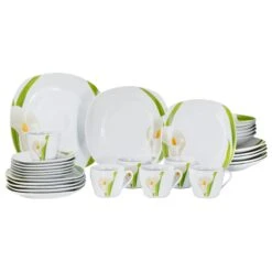 Kombiservice Calla 30-teilig Eckig Porzellan Für 6 Personen Weiß Mit Blumendekor