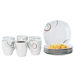 Kombiservice Palazzo 62tlg. - Weißes Porzellan Mit Kreise- Dekor In Grau Und Dunkelrot - Für 6 Personen -Ausgewählte Geschirrgeschäfte 5ca87a44 88d0 44ac 9770 22ca2bd8cf09