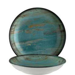6x Pastateller Geschirr Tief 28cm, 170cl, Türkis Braun Blau Rund Porzellan Bonna Madera Mint Bloom