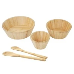 3er Set Schüssel + Salatbesteck HWC-B98, Servierschüssel Dekoschale Stapelbar Servierbesteck Küchenzubehör, Bambus