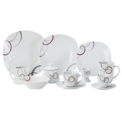 Kombiservice Palazzo 62tlg. - Weißes Porzellan Mit Kreise- Dekor In Grau Und Dunkelrot - Für 6 Personen