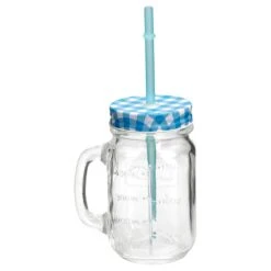 6er Set Glasbecher Mit Henkel, Deckel Und Trinkhalm Inkl. Rezeptheft - Blau Kariert - 0,5 Liter Trinkbecher / Trinkglas Mit Relief