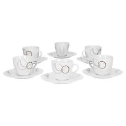6er Set Kaffeetasse 20cl Und Kaffeeuntertasse 14,5cm Palazzo - Aus Weißem Porzellan Mit Dekor-Kreisen In Grau Und Dunkelrot